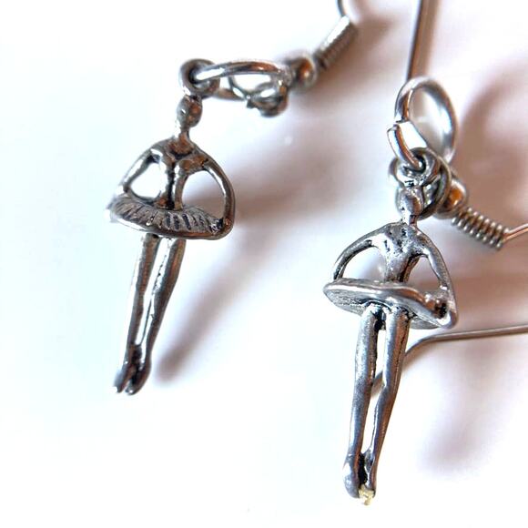 Silver tone ballerina en pointe fish hook earrings - Picture 9 of 11